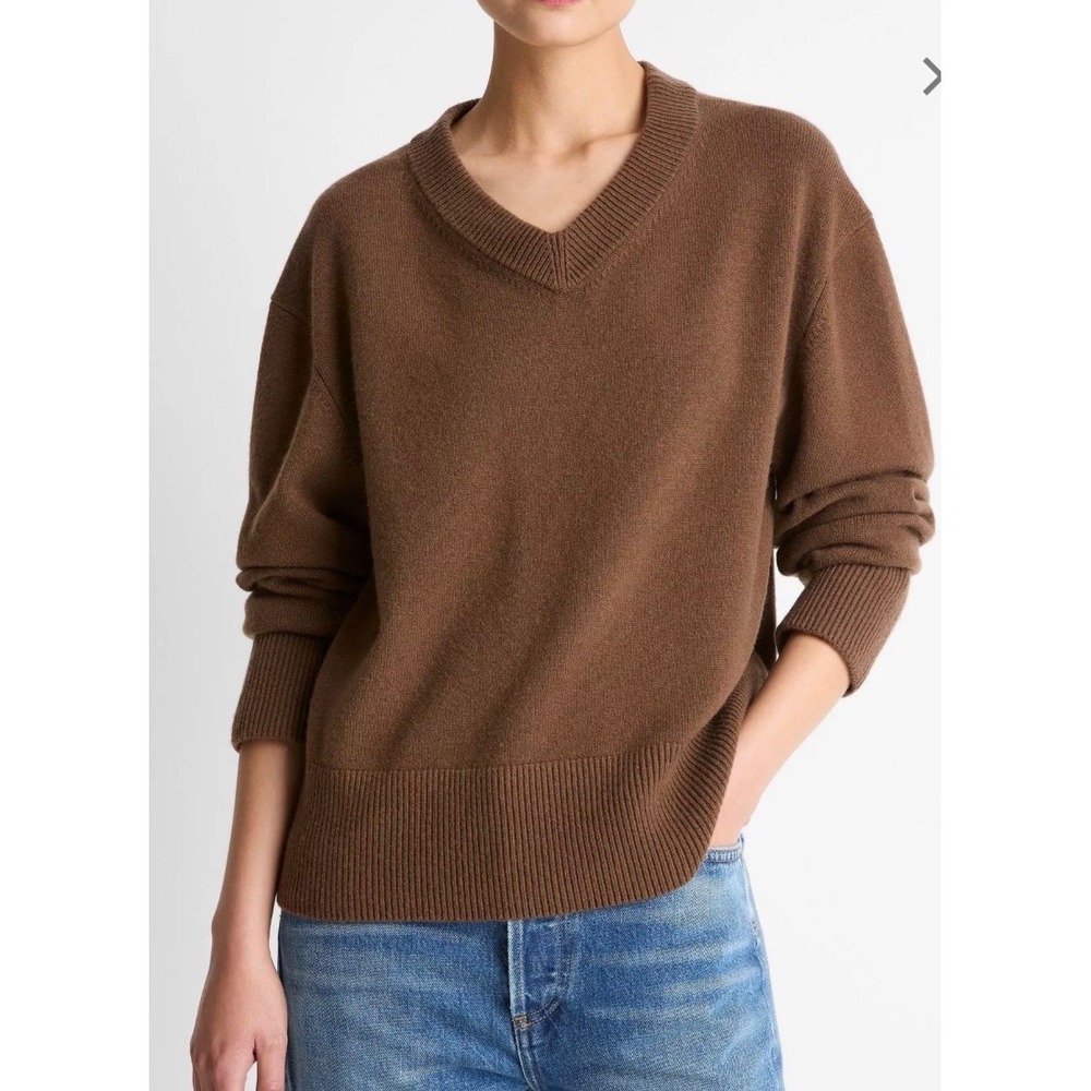 Vince Wool Cashmere V-Neck Sweater Camel Brown Relaxed Fit Womens Small
